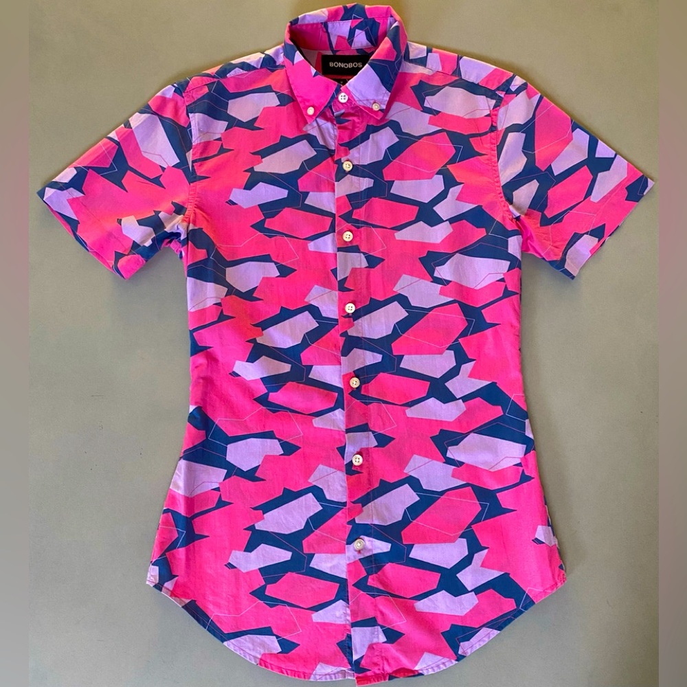 BONOBOS Riviera Short-Sleeve Shirt Size XS Pink Geometric Print Slim Fit